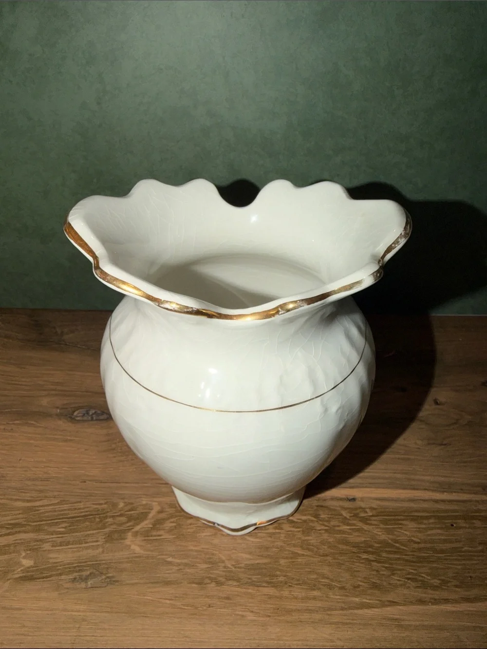 Smith Phillips Fenix White Ceramic Scalloped Rim Vase with Gold Trim